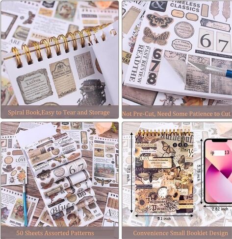 900Pcs Mini Scrapbook Washi Stickers for Journaling, 50 Sheets Vintage Sticker Book, Ephemera for Junk Journal Supplies Bullet Journals, Scrapbooking, DIY Crafts Arts in Saudi Arabia