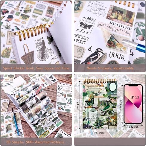 900Pcs Mini Scrapbook Washi Stickers for Journaling, 50 Sheets Vintage Sticker Book, Ephemera for Junk Journal Supplies Bullet Journals, Scrapbooking, DIY Crafts Arts in Saudi Arabia