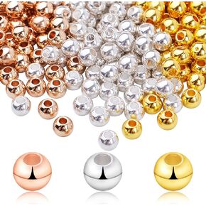 300pcs 4mm Smooth Round Spacer Beads Brass Ball Beads Tarnish Resistant Seamless Loose Connector Beads for DIY Bracelet Necklace Jewelry Making Findings, 3 Colors