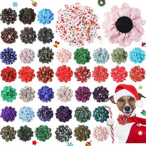 Sanwuta 80 Pieces Christmas Dog Flowers Dog Collar Flowers Christmas Dog Charms Grooming Accessories Collar Set Dog Bow Tie Flower for Puppy Dog Cat Xmas Collar Attachment Embellishment