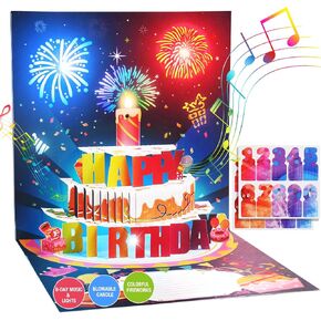 DIY Age Birthday Cards Gift, 3D Pop Up Music Fireworks Happy Birthday Cards with Blowable Birthday Cake, LED Lights Greeting Cards for Women Men Mom Kids