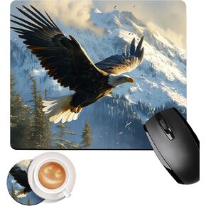 Square Mouse Pad with Coaster,Soft Cute Computer Mouse Mat with Non-Slip Rubber Base,Easy to Slide, Splash Resistant Surface,Personalized Design,Portable,Bald Eagle Flying Over Mountains