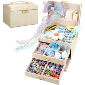 Jewelry Box with 52 Hair Accessories Set for Little Girl Kids 3 Layer Lint Large Jewelry Box Girl Princess Jewelry Hair Ties Clips Dress Up Accessories Toy Play Set for Girls Gift(Blue)