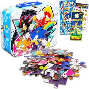Sonic the Hedgehog Tin Lunch Box Puzzle Bundle - Sonic Lunchbox with Sonic Puzzle 48 Piece for Kids Plus Stickers, More | Sonic School Supplies Set