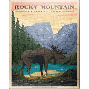 MyPuzzle Rocky Mountain National Park - Moose in The Rocky Sunrise, Vintage Travel Poster - Premium 1000 Piece Jigsaw Puzzle for Adults