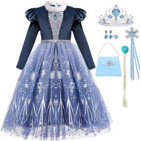 Girls Elsa Costume Snow Princess Dress up Blue Halloween Party Cosplay Outfits with Accessories