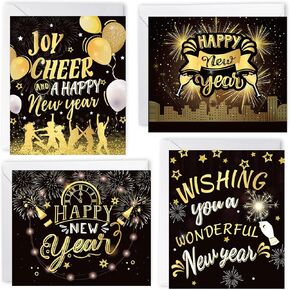 HOWAF 24 Pack Happy New Year Cards 2025 New Year Greeting Cards with Envelopes, Happy New Year Card Winter Holiday Black Gold Greetings Cards New Year Gifts Presents for New Years Eve Party Supplies