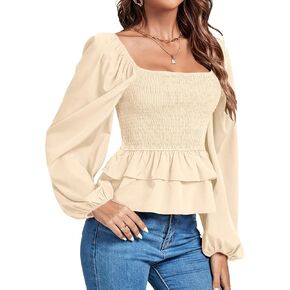 Umenlele Women’s Square Neck Lantern Long Sleeve Shirred Ruffle Hem Smocked Peplum Babydoll Blouse Shirt Top