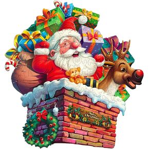WOODBESTS Wooden Puzzles for Adults (100 Piece, S, 8.5x7.9 inches) Santa in Chimney Puzzle Adult Puzzles, Wooden Jigsaw Puzzles Unique Shape, Birthday Gifts for Adults and Kids Family Game