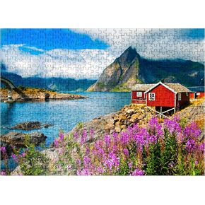 MyPuzzle Typical Red Fishing Houses in A Harbor in Lofoten Norway - Premium 500 Piece Jigsaw Puzzle for Adults