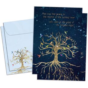 Tree-Free Greetings - Winter Solstice Greeting Cards - Artful Designs - 2 Cards + Matching Envelopes - Made in USA - 100% Recycled Paper - 5"x7" - Bird Tree of Life (GT64287)