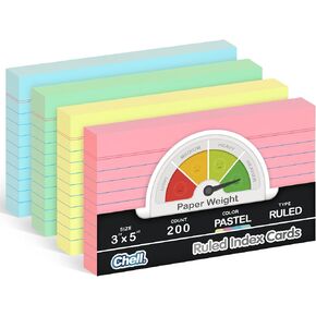 Chell Thick Ruled Index Cards 3x5 Inch Extra Heavyweight, 100 Count, Ruled Front and Blank Back, 80 lb. Cover Weight, Pastel Colors