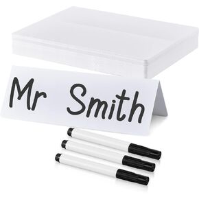 50 Pieces Dry Erase Name Tent Table Cards 5.8 x 7.9 Inches Non Adhesive Reusable Desk Name Cards Tags Plates with 3 Pieces Black Markers for Weddings, White in Kuwait