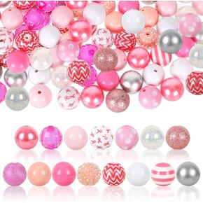 Whaline 50Pcs 20mm Breast Cancer Awareness Beads 15 Styles Mixed Bubblegum Beads Set Pink Bow Spacer Bead Chunky Beads Jumbo Plastic Beads for Crafts and Jewelry Making Boutique Craft Supplies