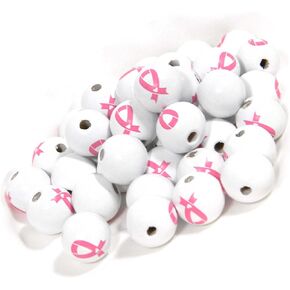 50 Big 15mm Chunky White Round Wooden Wood Beads with Pink Breast Cancer Awareness Ribbon with Heart