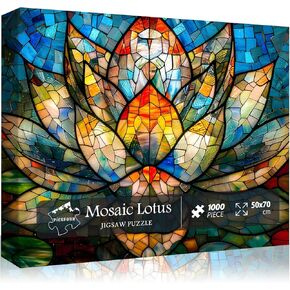 PICKFORU Stained Glass Lotus Flower Puzzles for Adults 1000 Pieces,Vintage Mosaic Puzzles Flowers Art,Colorful Impossible Hard Difficult Challenging Jigsaw Puzzles