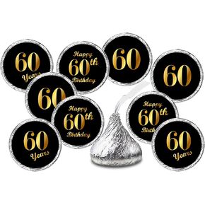60th Birthday Black Kisses Stickers, (Set of 216) Chocolate Drops Labels Stickers for 60 Birthday, Party Favors Decor for Kisses. Made in USA,