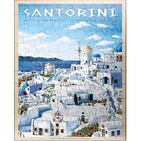 MyPuzzle Greece Santorini - in Blue and White, Vintage Travel Poster - Premium 500 Piece Jigsaw Puzzle for Adults