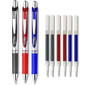 Pentel EnerGel Deluxe RTX Retractable Liquid Gel Ink Pens Pack of 3 with 4 Refills (Assorted - 0.7mm)