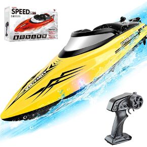 Remote Control Boat with LED Lights, 20+ MPH Fast, 2.4GHz High Speed Racing RC Boats for Lakes,Pool Toys for Kids & Adults, Summer Water Toys Birthday Gifts for Boys(Yellow)