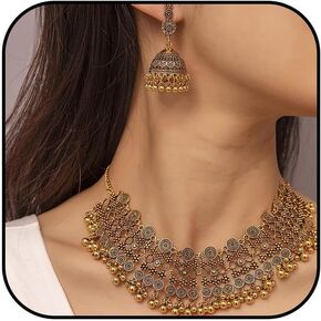 Rhinestone Jewelry Sets Indian Choker Necklace Earrings Pearl Cluster Statement Necklace Set in Red or Green Tone for Women in Kuwait