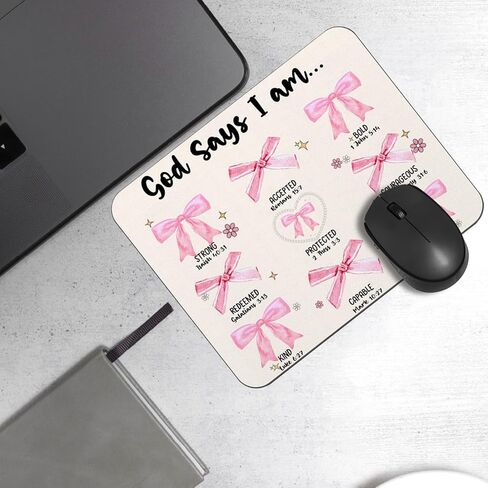 OFlich God Says I am Christian Mouse Pad، Coquette Pink Bow Mouse Pads للمكتب، هدايا مسيحية للنساء، لوحة ماوس جرلي، لوازم مكتبية وردية، ملحقات مكتب جرلي، 9.5 × 7.9 بوصة in Kuwait