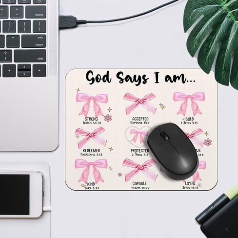 OFlich God Says I am Christian Mouse Pad، Coquette Pink Bow Mouse Pads للمكتب، هدايا مسيحية للنساء، لوحة ماوس جرلي، لوازم مكتبية وردية، ملحقات مكتب جرلي، 9.5 × 7.9 بوصة in Kuwait