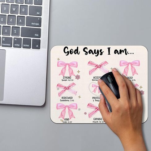 OFlich God Says I am Christian Mouse Pad، Coquette Pink Bow Mouse Pads للمكتب، هدايا مسيحية للنساء، لوحة ماوس جرلي، لوازم مكتبية وردية، ملحقات مكتب جرلي، 9.5 × 7.9 بوصة in Kuwait