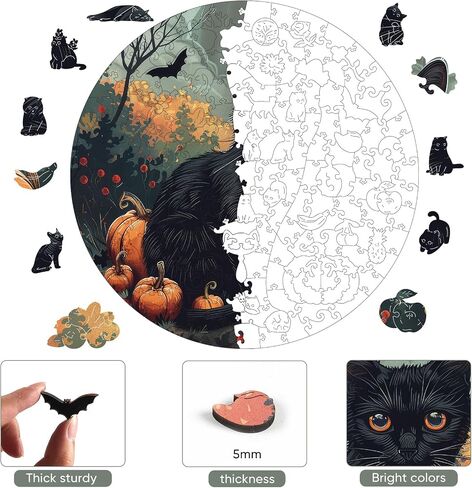 Halloween Puzzles for Adults, Black Cat Wooden Puzzles, 200 Pieces Fun Challenge Brain Halloween Jigsaw Puzzles Family Games Birthday for Adults and Kids 11.2 * 11.2in in Saudi Arabia