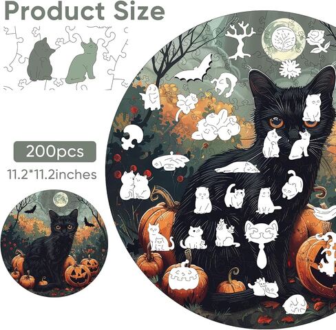 Halloween Puzzles for Adults, Black Cat Wooden Puzzles, 200 Pieces Fun Challenge Brain Halloween Jigsaw Puzzles Family Games Birthday for Adults and Kids 11.2 * 11.2in in Saudi Arabia