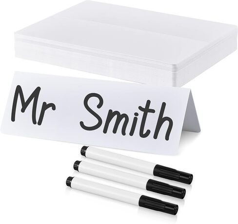 50 Pieces Dry Erase Name Tent Table Cards 5.8 x 7.9 Inches Non Adhesive Reusable Desk Name Cards Tags Plates with 3 Pieces Black Markers for Weddings, White in Kuwait
