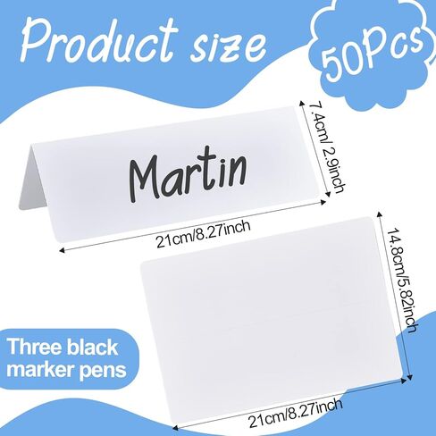 50 Pieces Dry Erase Name Tent Table Cards 5.8 x 7.9 Inches Non Adhesive Reusable Desk Name Cards Tags Plates with 3 Pieces Black Markers for Weddings, White in Kuwait