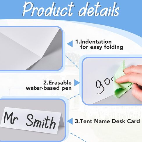 50 Pieces Dry Erase Name Tent Table Cards 5.8 x 7.9 Inches Non Adhesive Reusable Desk Name Cards Tags Plates with 3 Pieces Black Markers for Weddings, White in Kuwait