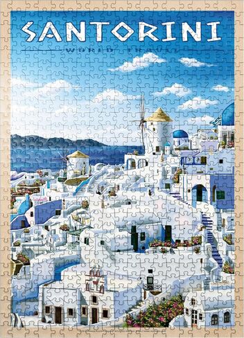 MyPuzzle Greece Santorini - in Blue and White, Vintage Travel Poster - Premium 500 Piece Jigsaw Puzzle for Adults in Kuwait