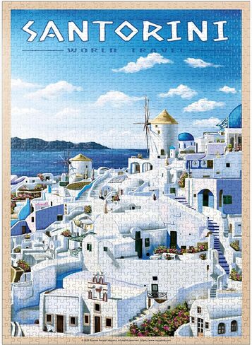 MyPuzzle Greece Santorini - in Blue and White, Vintage Travel Poster - Premium 500 Piece Jigsaw Puzzle for Adults in Kuwait