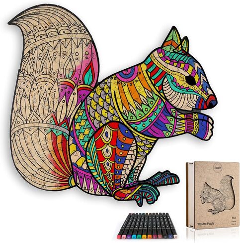 Squirrel Mandala Coloring Jigsaw Puzzles for Adults - 2-in-1 Adult Puzzles & Coloring Set, Challenging Wooden Puzzle for Adults & Family Quality Time, Includes 12 Acrylic Markers for Creative Fun in Saudi Arabia