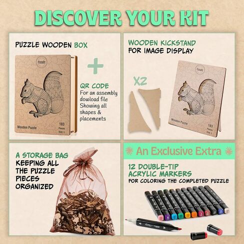 Squirrel Mandala Coloring Jigsaw Puzzles for Adults - 2-in-1 Adult Puzzles & Coloring Set, Challenging Wooden Puzzle for Adults & Family Quality Time, Includes 12 Acrylic Markers for Creative Fun in Saudi Arabia