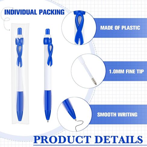 Yexiya 100 Pcs Awareness Ribbon Pen 1.0 mm Abuse Awareness Message Pens Colon Cancer Retractable Ribbon Gel Pens for Mental Health Awareness Charity Volunteers Activities, Black Ink(Blue) in Saudi Arabia