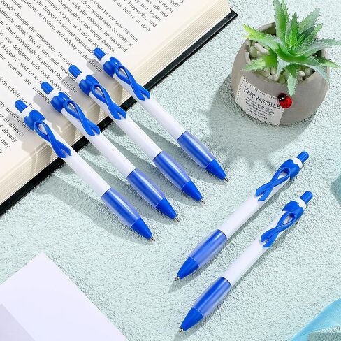 Yexiya 100 Pcs Awareness Ribbon Pen 1.0 mm Abuse Awareness Message Pens Colon Cancer Retractable Ribbon Gel Pens for Mental Health Awareness Charity Volunteers Activities, Black Ink(Blue) in Saudi Arabia