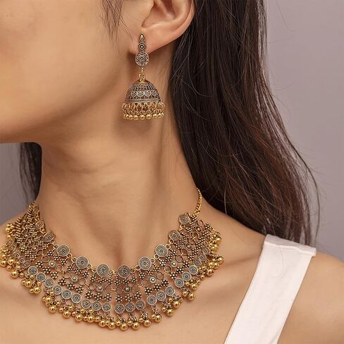 Rhinestone Jewelry Sets Indian Choker Necklace Earrings Pearl Cluster Statement Necklace Set in Red or Green Tone for Women in Kuwait