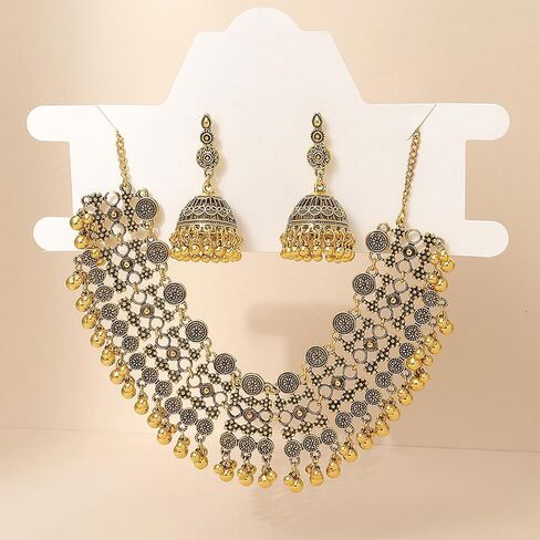 Rhinestone Jewelry Sets Indian Choker Necklace Earrings Pearl Cluster Statement Necklace Set in Red or Green Tone for Women in Kuwait