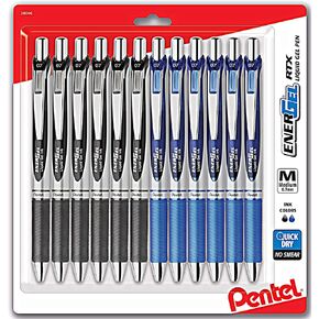 Pentel EnerGel 0.7 mm RTX Retractable Liquid Gel Pen, Bulk Combo Pack of 6 BLACK INK & 6 BLUE INK metal (Total of 12 Deluxe Pens in box) Medium Line, Metal Tip pens