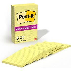 Post-it Super Sticky Notes, 4x6 in, 5 Pads, 2x the Sticking Power, Canary Yellow, Recyclable