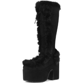Platform Knee High Boots For Womens Warm Faux Fur Lace Up Side Zipper Chunky Heel Punk Goth Winter Snow Mid Calf Boots