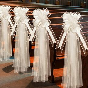 12 Set Large White Wedding Pew Bows with Long Tulle Tails Wedding Pew Bows Church Chair Aisle Decorations Wedding Car Decoration Big Bows for Bridal Shower Reception Birthday Anniversary