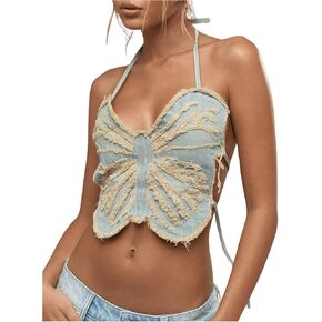 BEAUDRM Women's Butterfly Embroidery Crisscross Tie Backless Lace Up Slim Fit Crop Halter Top