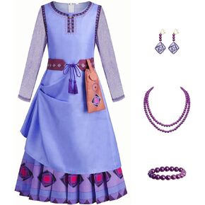 Mcgeeney Wish Asha Dress - Princess Asha Costume for Girls 3-12 - Dress Up Set with Belt, Pouch, Necklace and Earrings