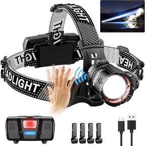 90000 Lumens LED Headlamp& 100H Using Time, USB Rechargeable Head lamp, 90° Adjustable Widebeam Motion Sensor Head Light with 5 Modes,Zoomable for Camping Running Hiking, Hard Hat Headlamps 1pc