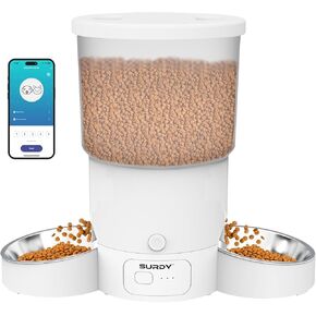 Automatic Cat Feeder with 5G WiFi, 20 Cups/5L SURDY Automatic Cat Food Dispenser for 2 Cats Smart Pet Feeder with APP Control for Remote Feeding, Dual Power Supply 12 Portions 6 Meals Per Day