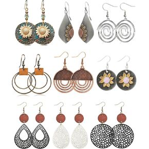 9 Pairs Boho Vintage Earrings Sunflower Geometric Round Retro Ethnic Style Statement Spiral Dangle Earring PU Leather Wooden Earrings for Women Teen Girls